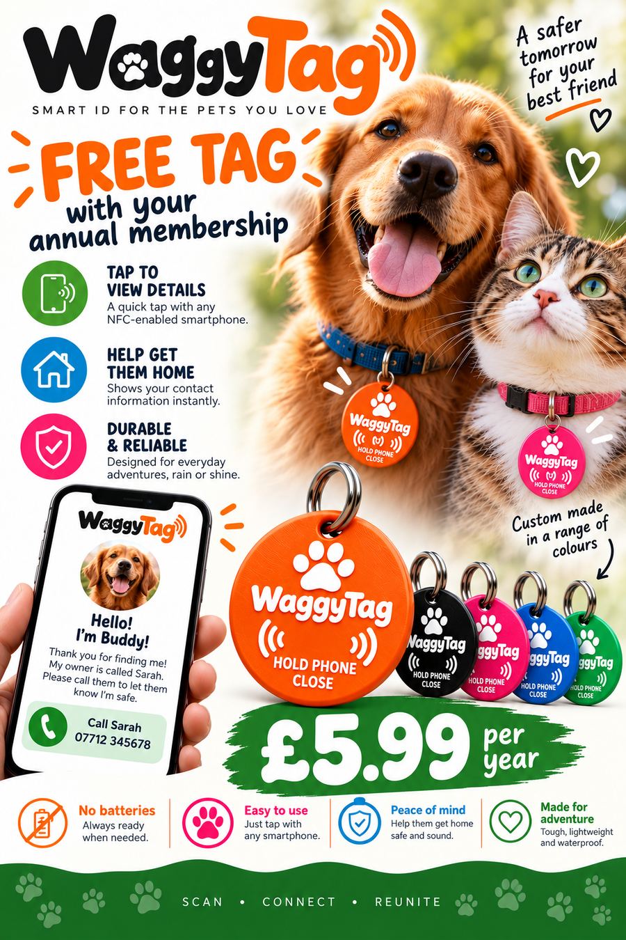 A golden retriever and a tabby cat wearing WaggyTag NFC tags, with the WaggyTag logo and the words free tag, no batteries, and scan, connect, reunite.